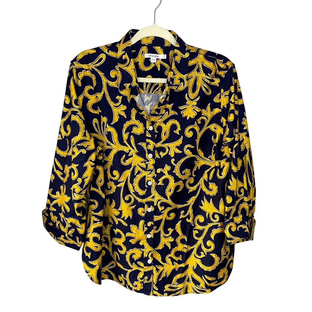 Chicos Baroque Scroll Print Button Down Shirt Navy Yellow 3/4 Sleeve Size 2.5 14